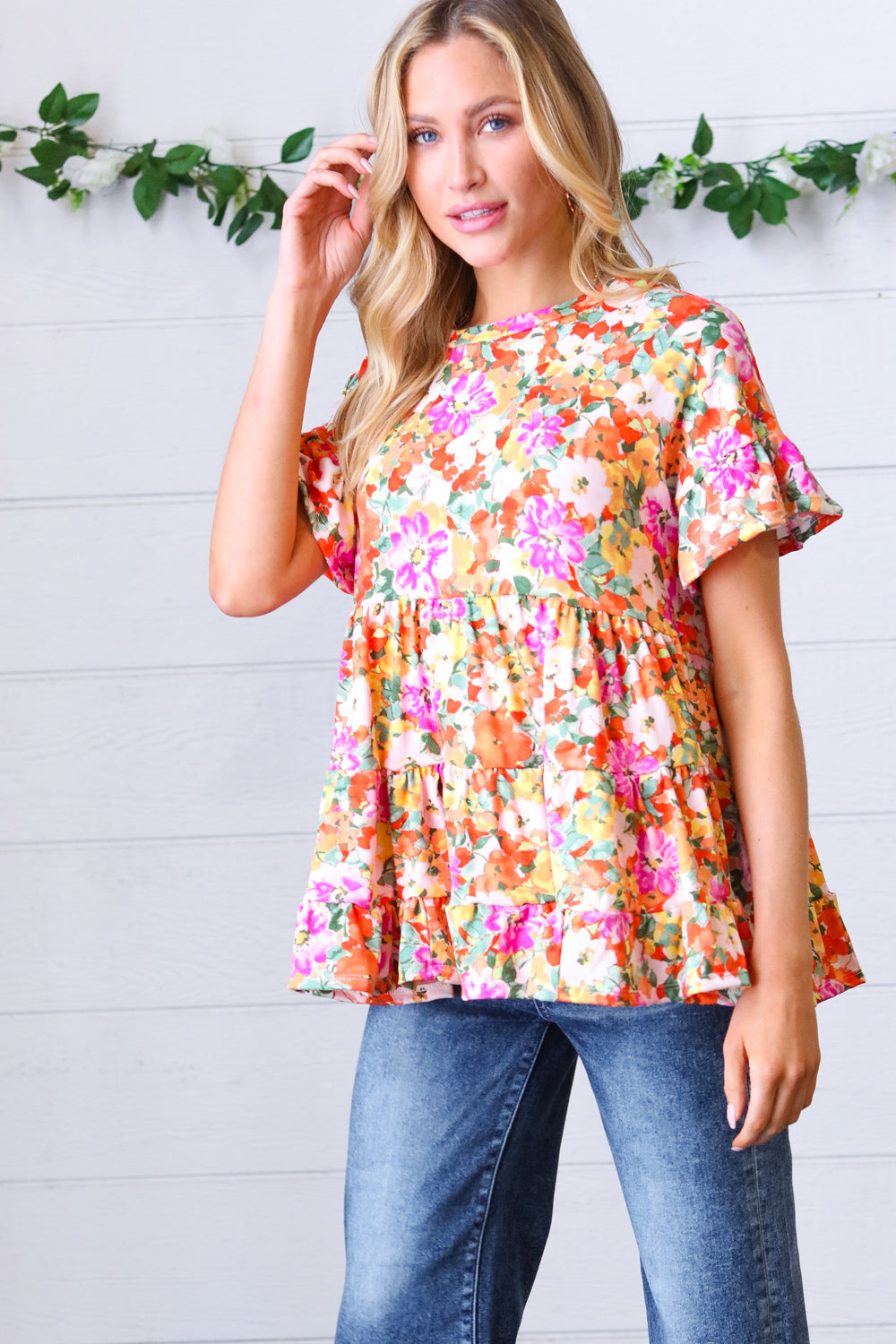 Peach/Green Floral Frill Ruffle Hem Tiered Swing Top