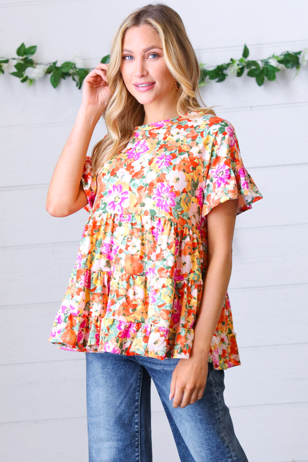 Peach/Green Floral Frill Ruffle Hem Tiered Swing Top