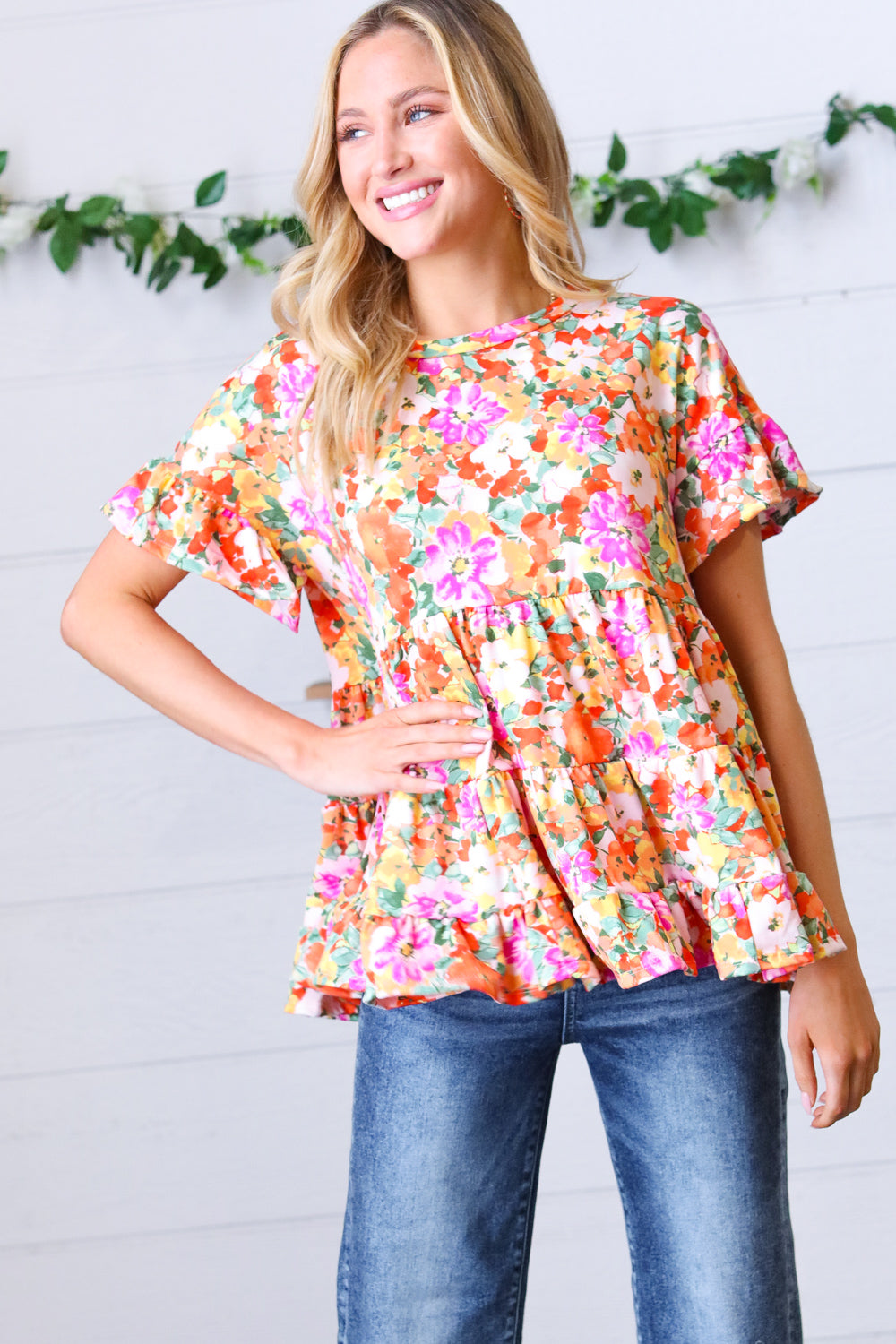 Peach/Green Floral Frill Ruffle Hem Tiered Swing Top