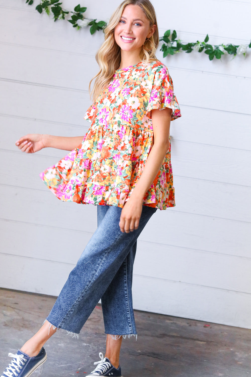 Peach/Green Floral Frill Ruffle Hem Tiered Swing Top