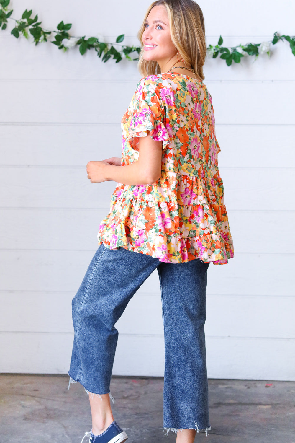 Peach/Green Floral Frill Ruffle Hem Tiered Swing Top