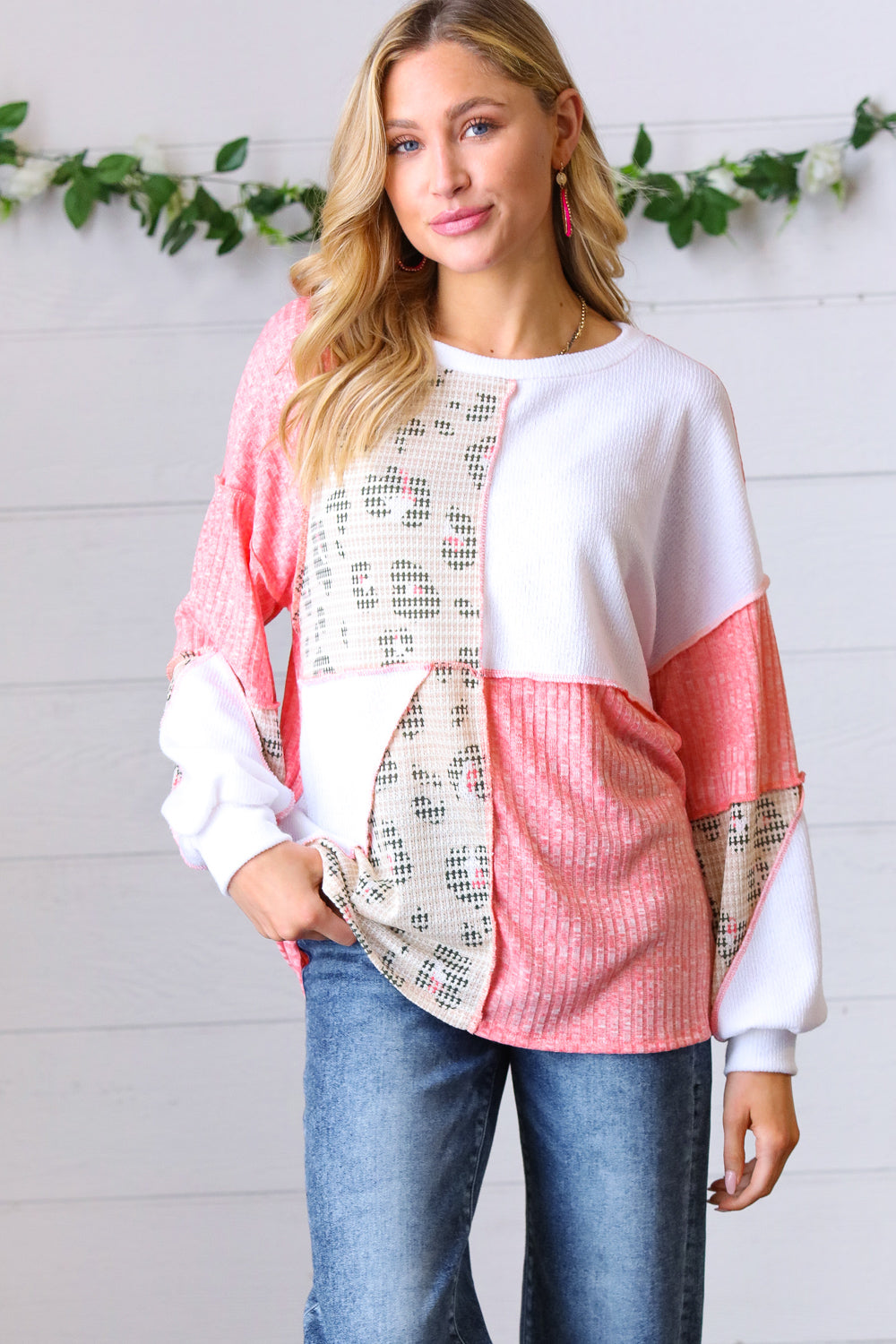 Coral & Leopard Two-Tone Color Block Top