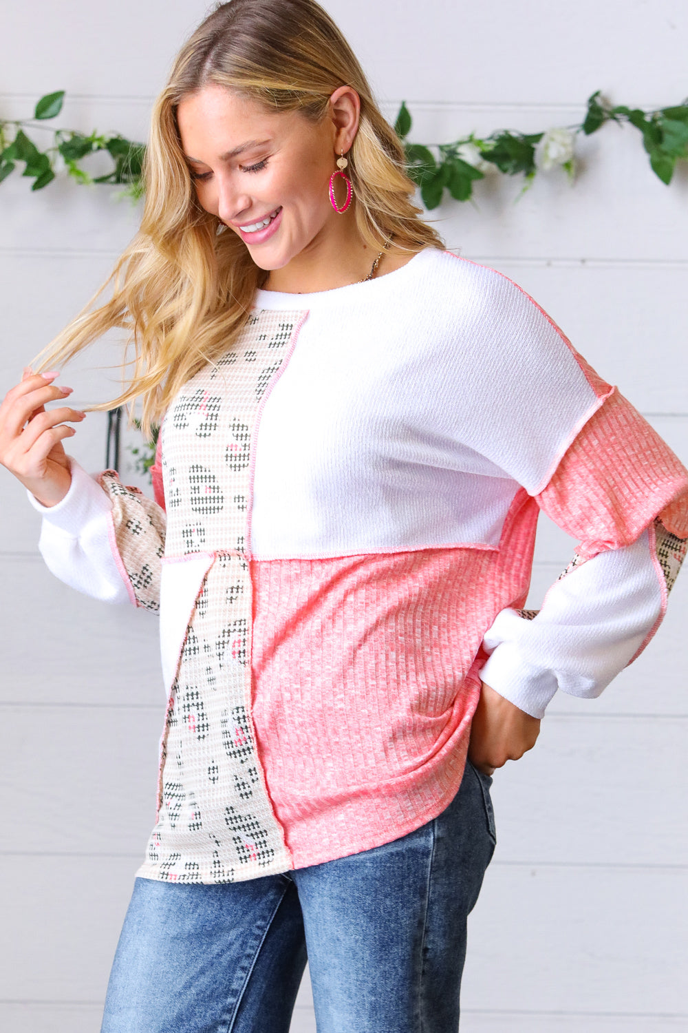 Coral & Leopard Two-Tone Color Block Top