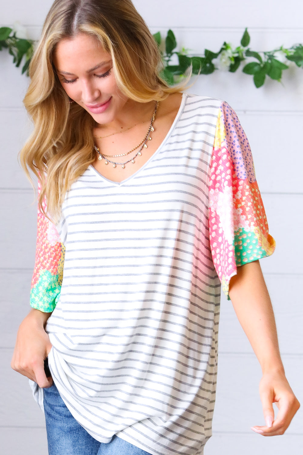 Multicolor Floral Patchwork Bell Sleeve Striped Top