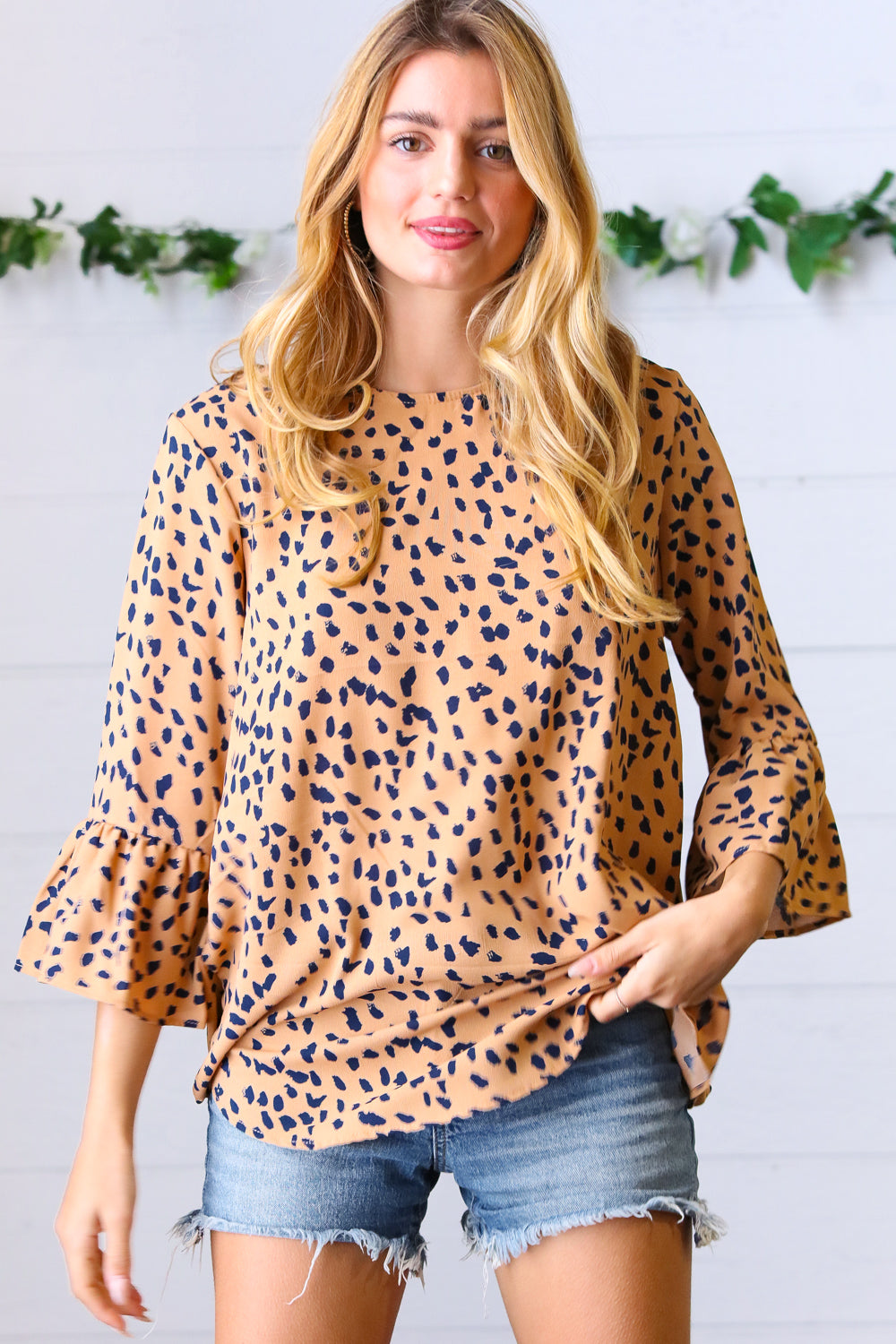 Light Brown & Navy Animal Print Bell Sleeve Top