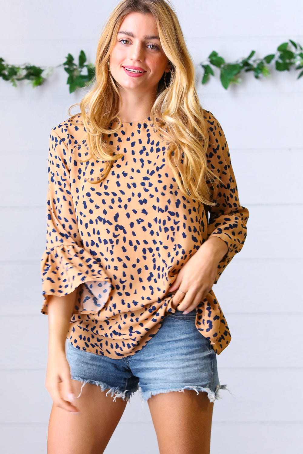 Light Brown & Navy Animal Print Bell Sleeve Top