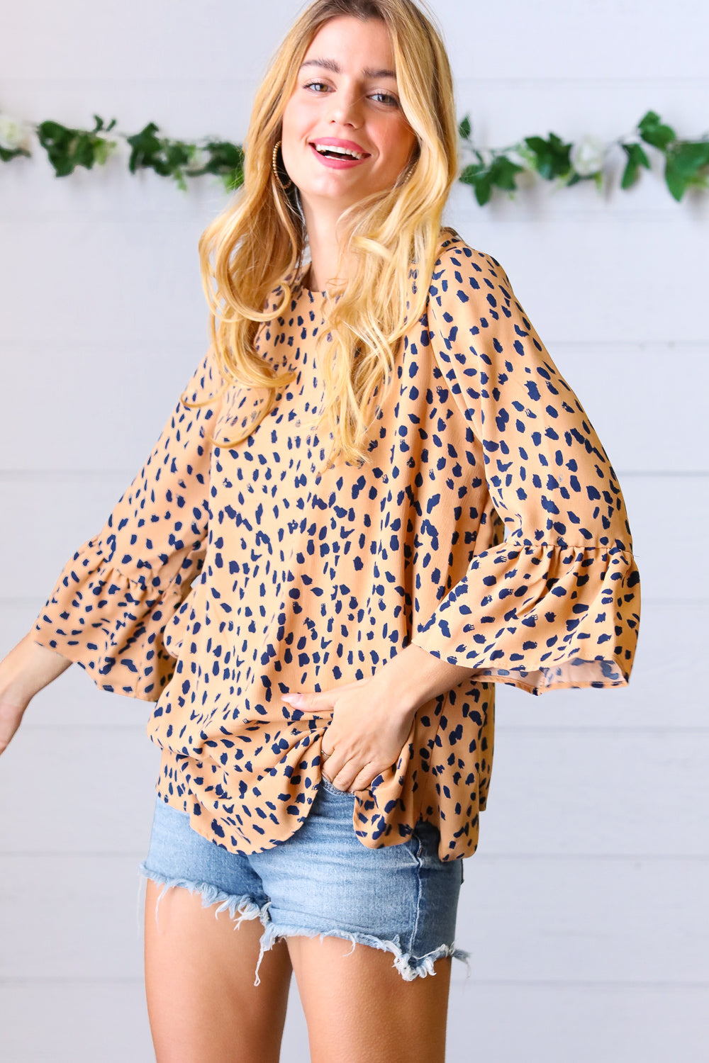 Light Brown & Navy Animal Print Bell Sleeve Top