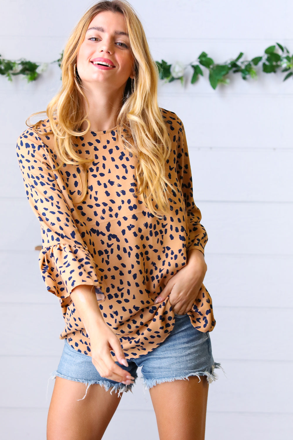 Light Brown & Navy Animal Print Bell Sleeve Top