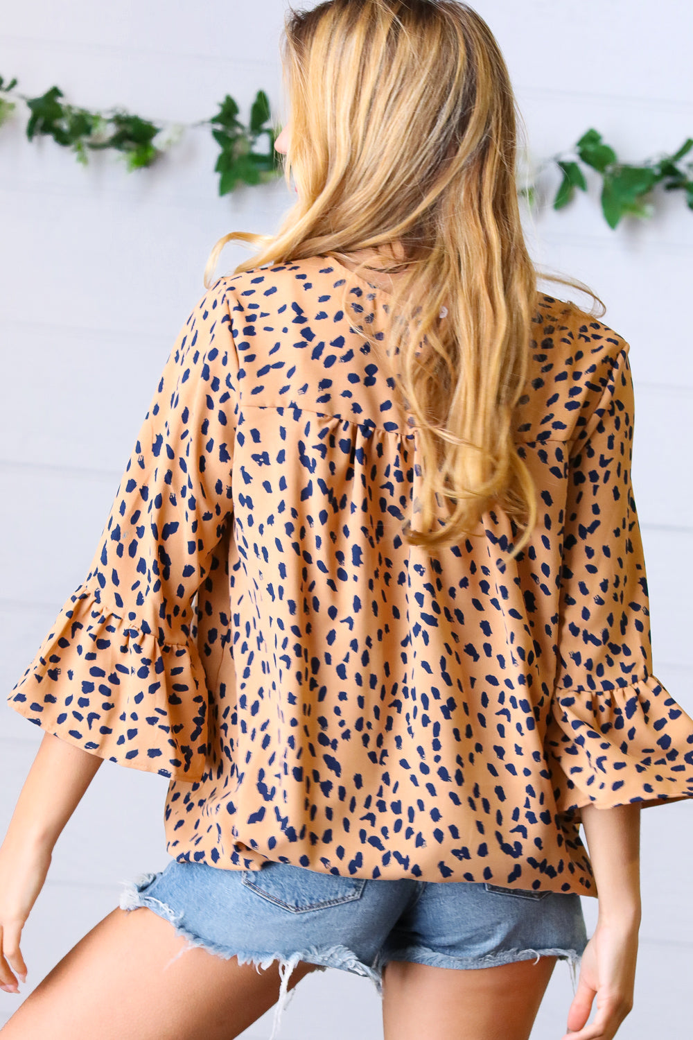 Light Brown & Navy Animal Print Bell Sleeve Top