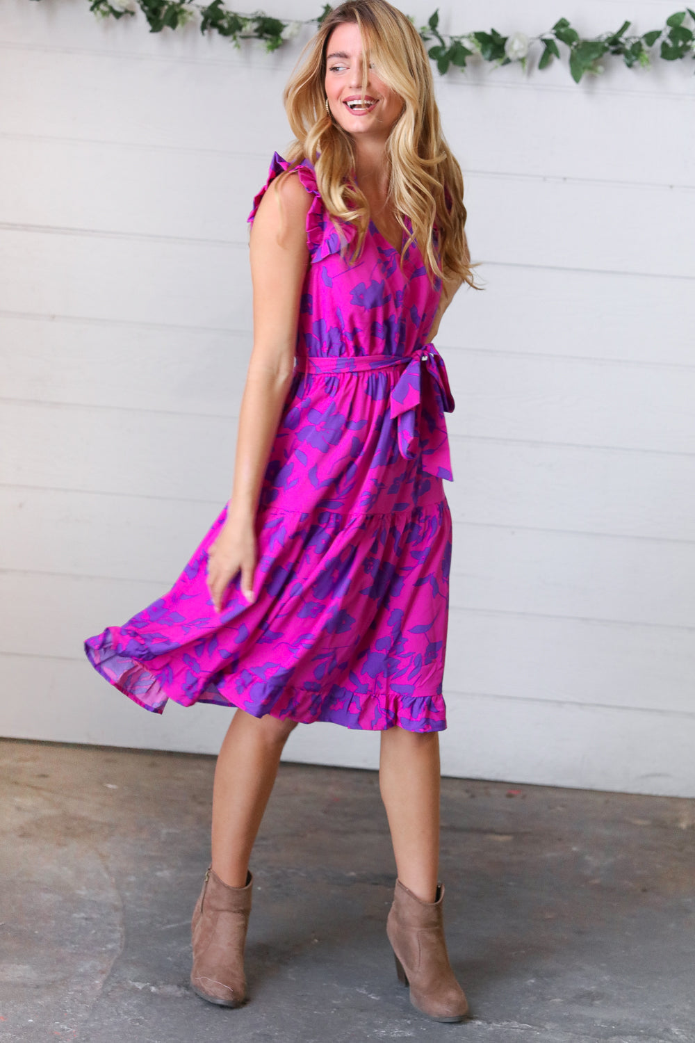 Fuchsia Flower Print Frilled Bolero Waist Tie Dress