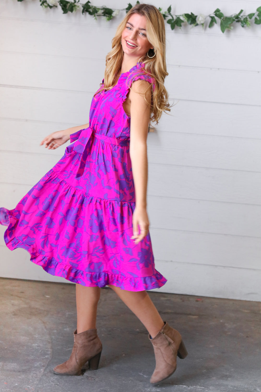 Fuchsia Flower Print Frilled Bolero Waist Tie Dress