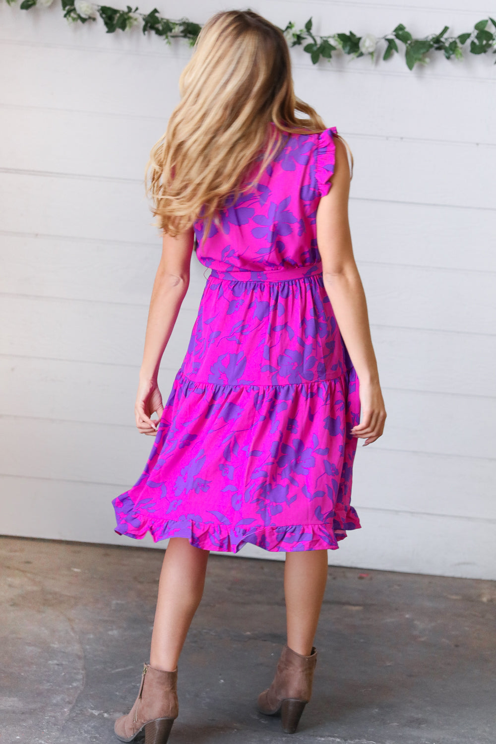 Fuchsia Flower Print Frilled Bolero Waist Tie Dress