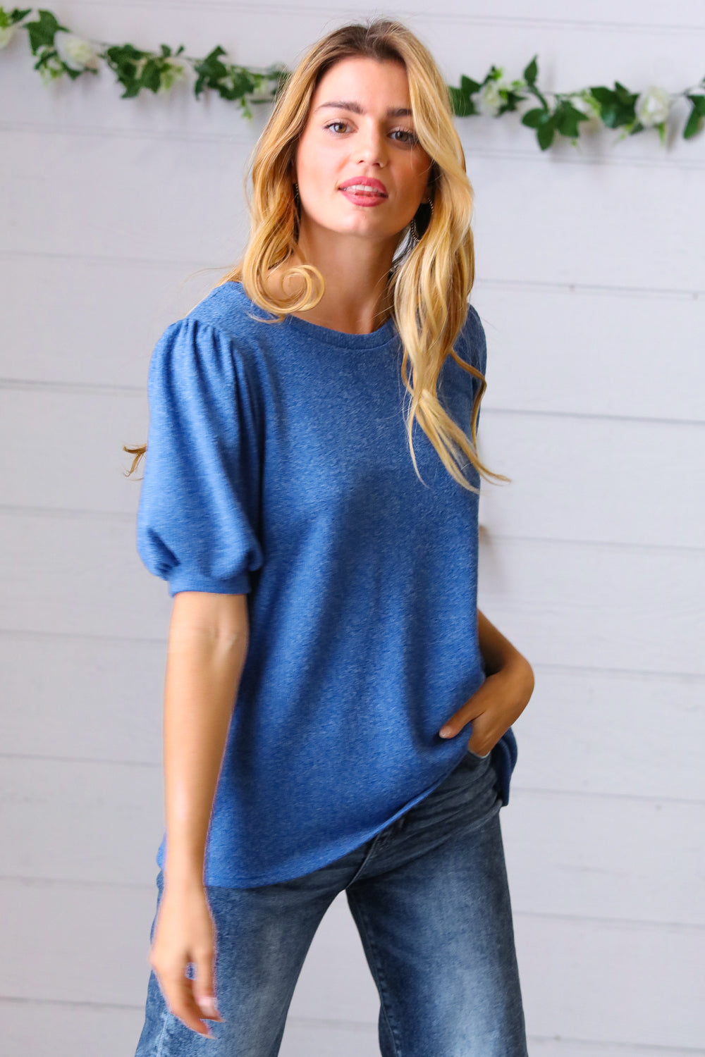 Azure Blue Puff Sleeve Two Tone Sweater Top