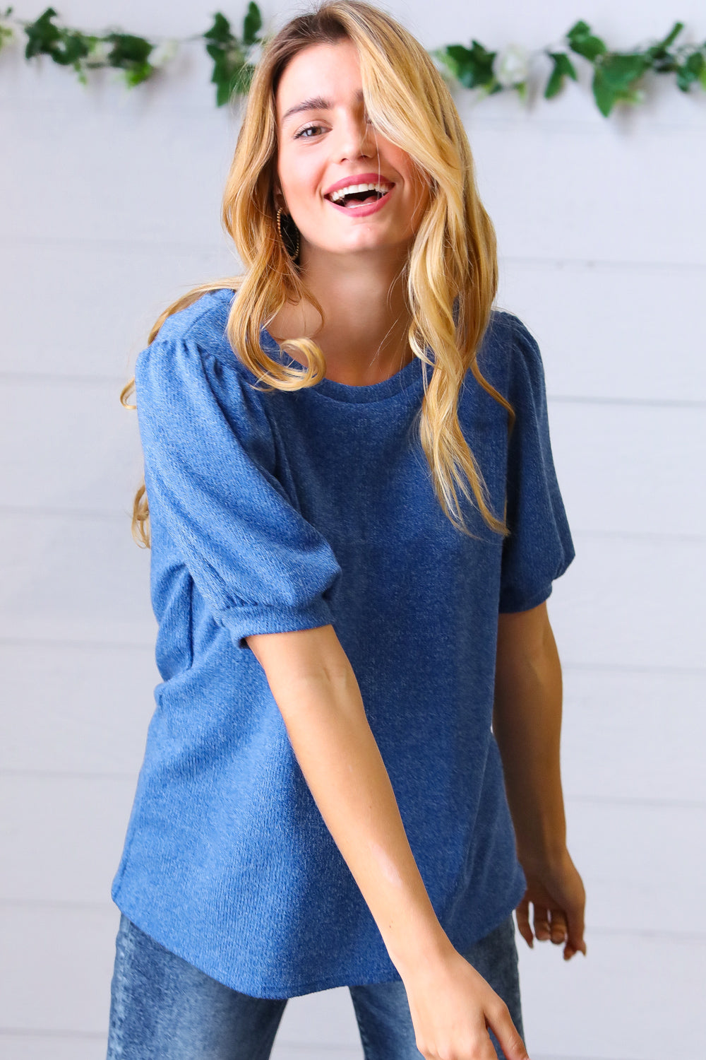 Azure Blue Puff Sleeve Two Tone Sweater Top