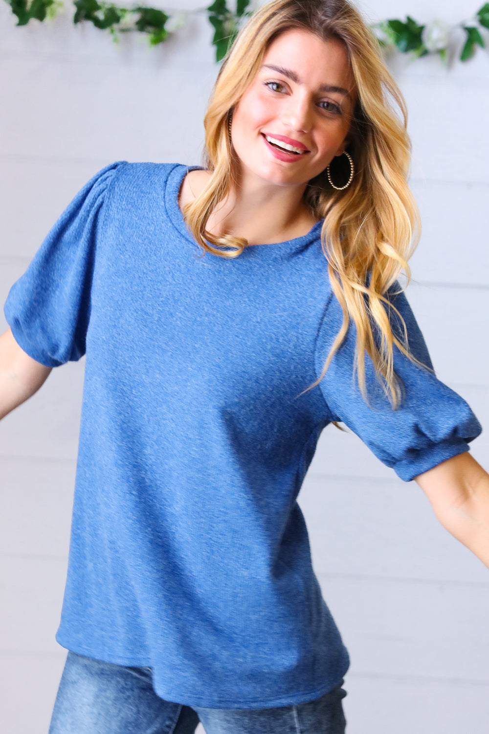 Azure Blue Puff Sleeve Two Tone Sweater Top