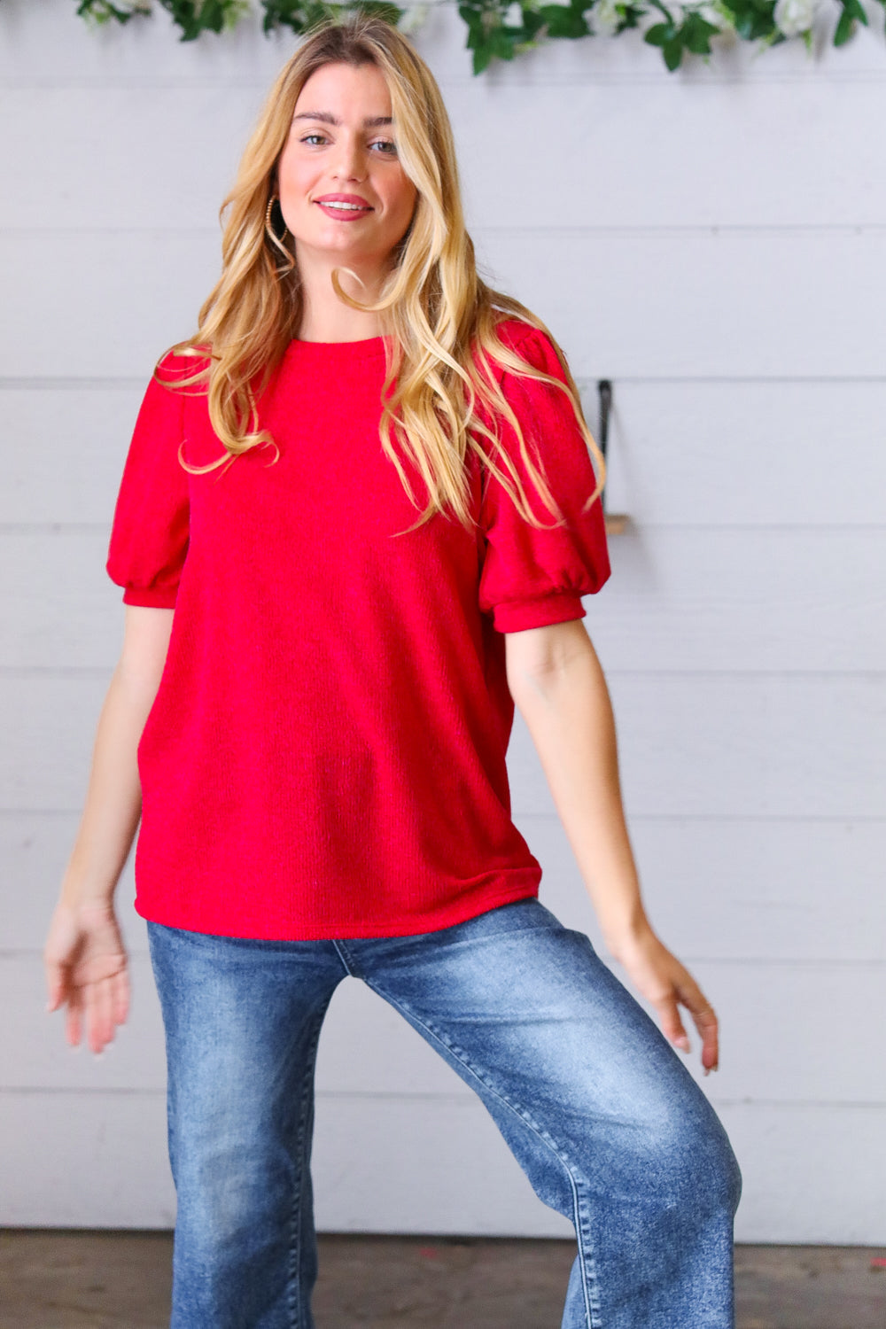 Candy Red Puff Sleeve Two-Tone Sweater Top