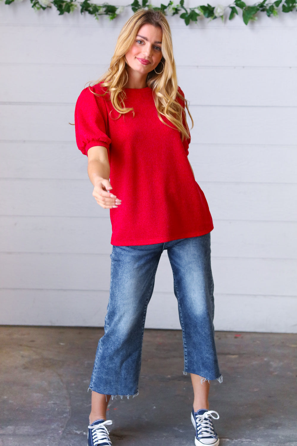 Candy Red Puff Sleeve Two-Tone Sweater Top