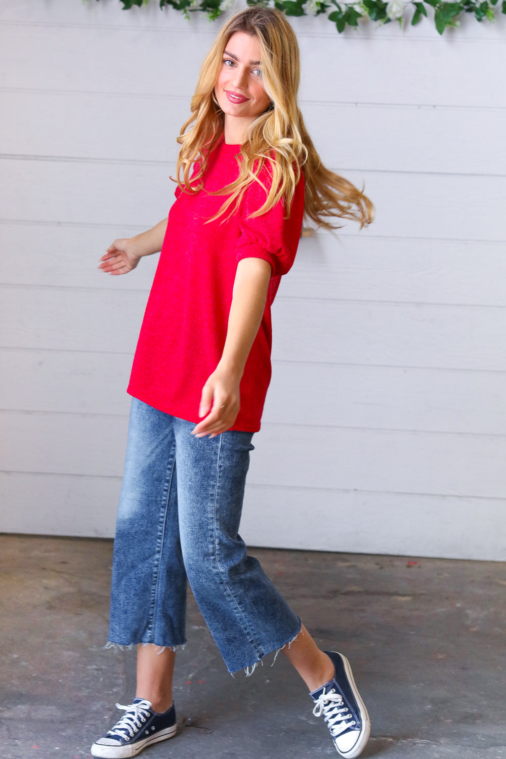 Candy Red Puff Sleeve Two-Tone Sweater Top