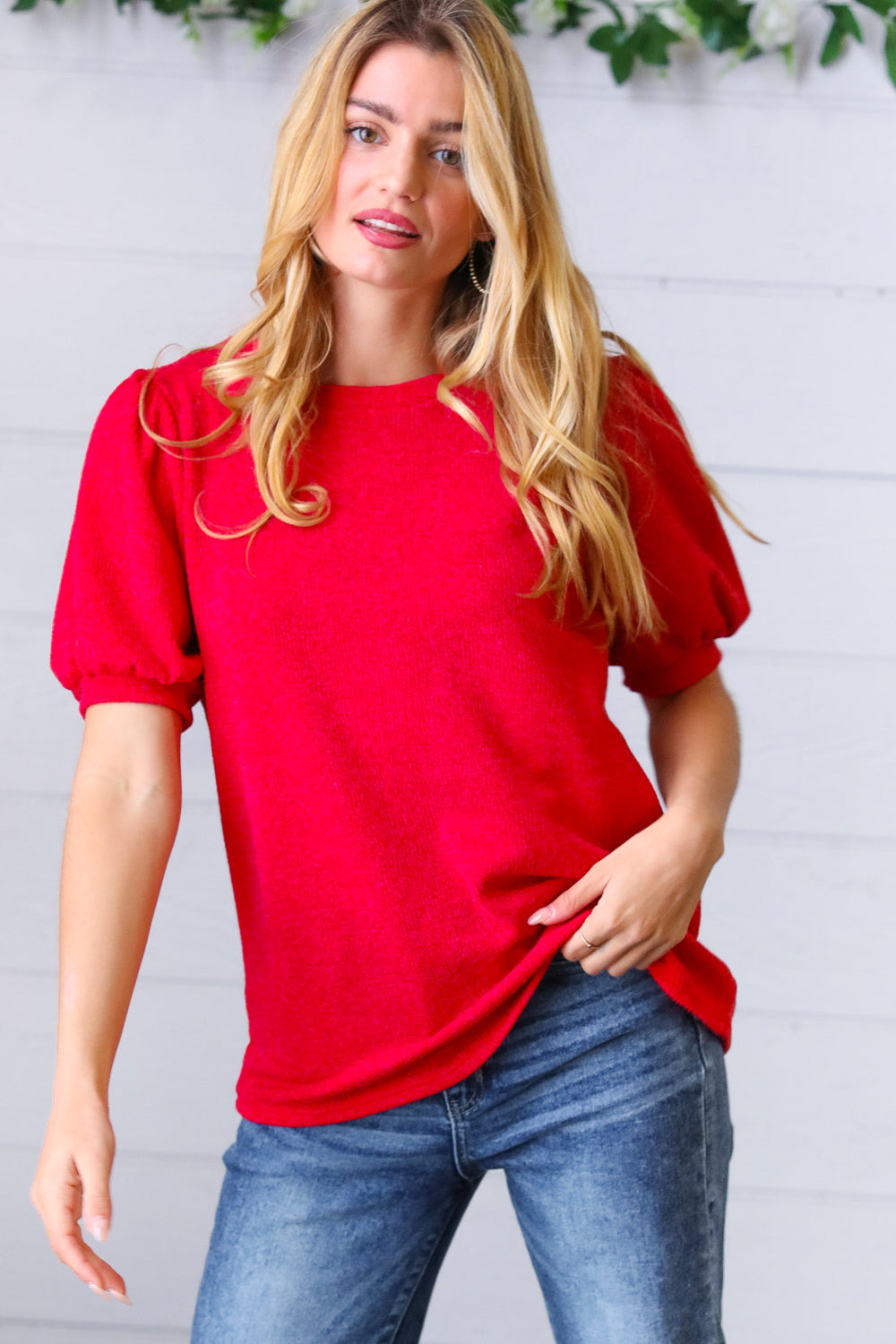 Candy Red Puff Sleeve Two-Tone Sweater Top