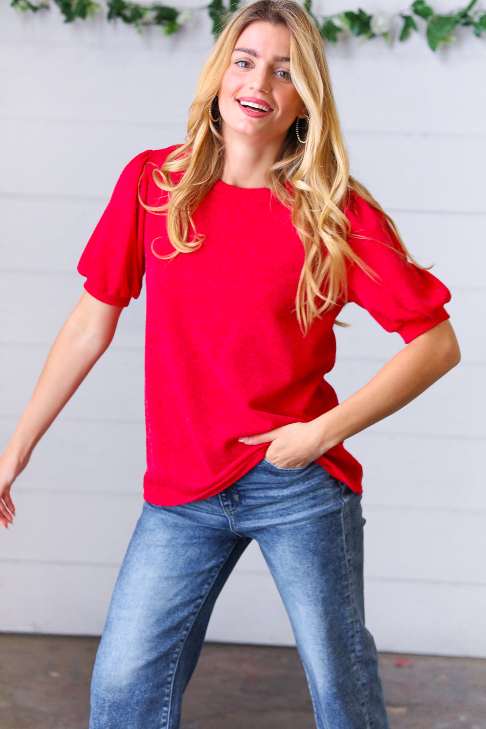 Candy Red Puff Sleeve Two-Tone Sweater Top