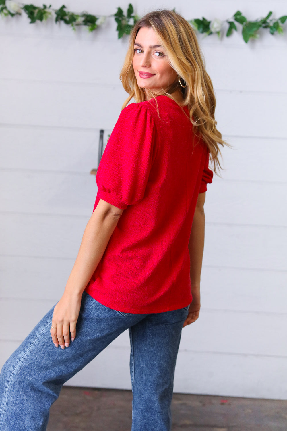 Candy Red Puff Sleeve Two-Tone Sweater Top