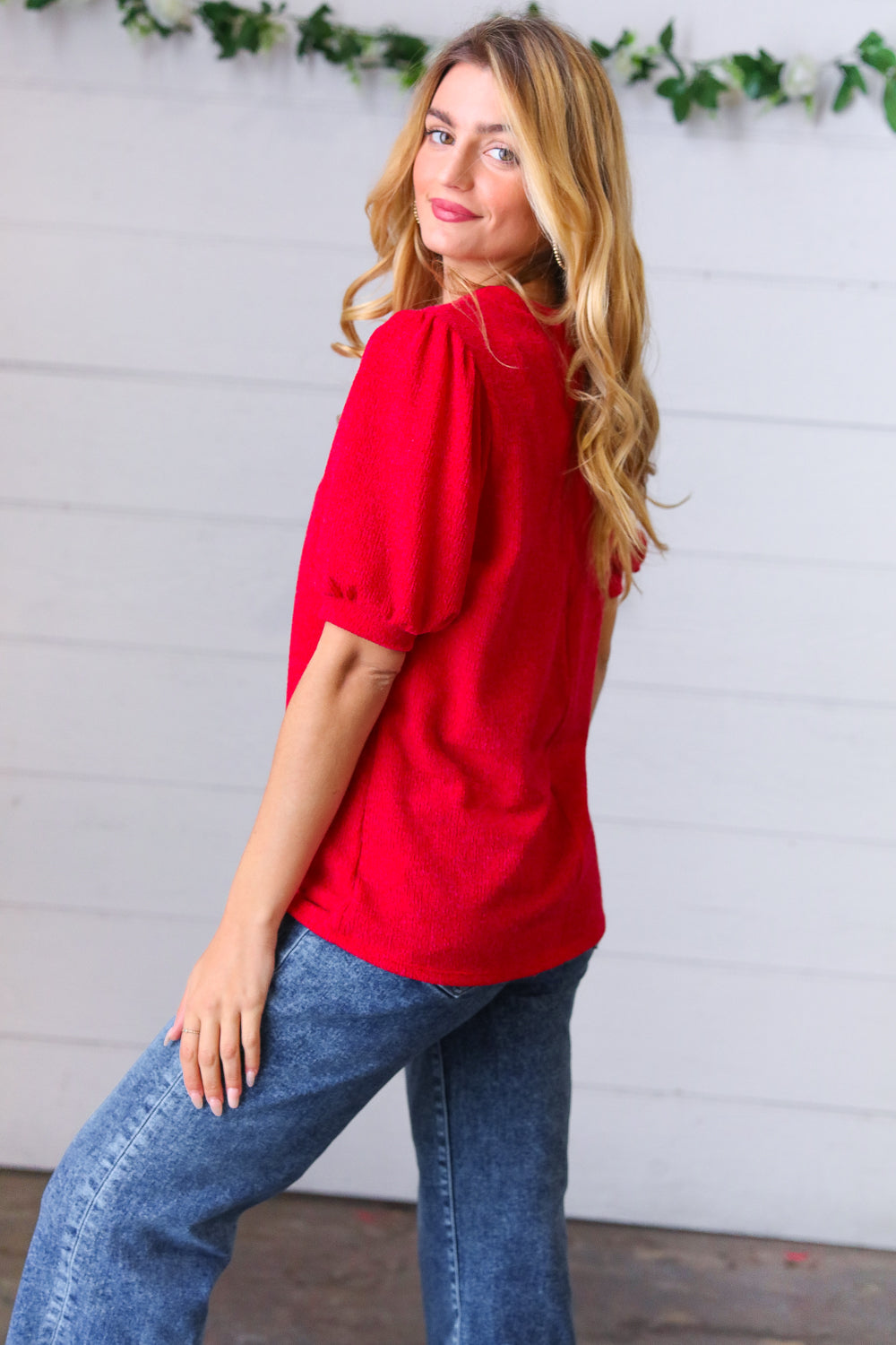 Candy Red Puff Sleeve Two-Tone Sweater Top