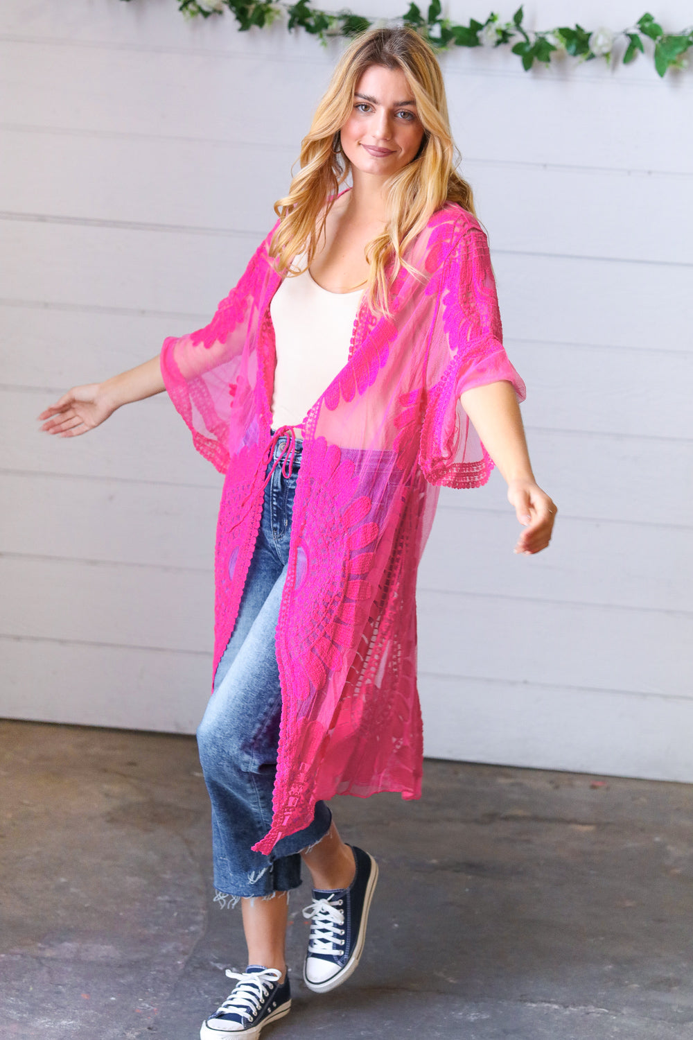 Fuchsia Crochet Lace Scallop Kimono