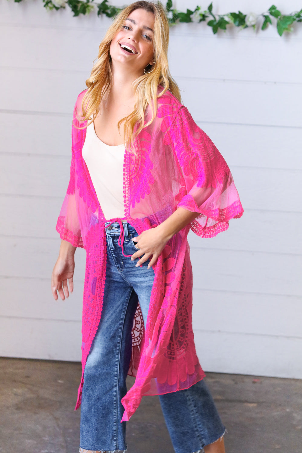 Fuchsia Crochet Lace Scallop Kimono