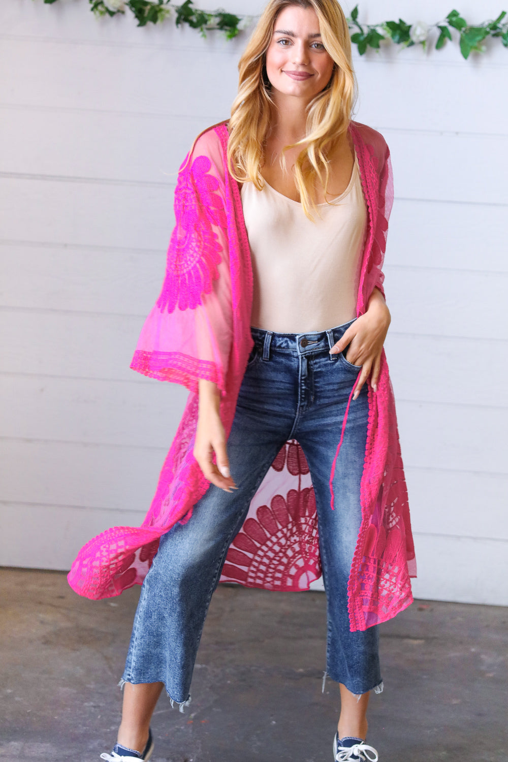 Fuchsia Crochet Lace Scallop Kimono