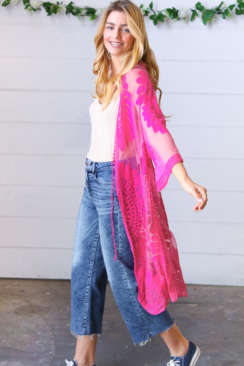 Fuchsia Crochet Lace Scallop Kimono