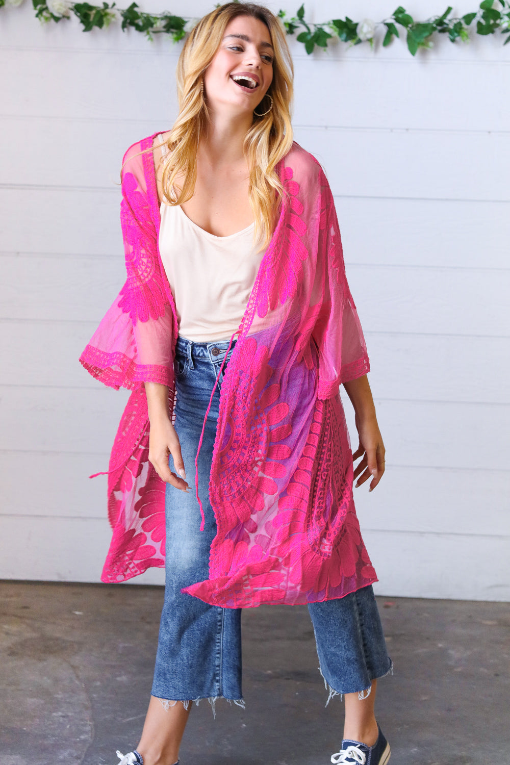 Fuchsia Crochet Lace Scallop Kimono