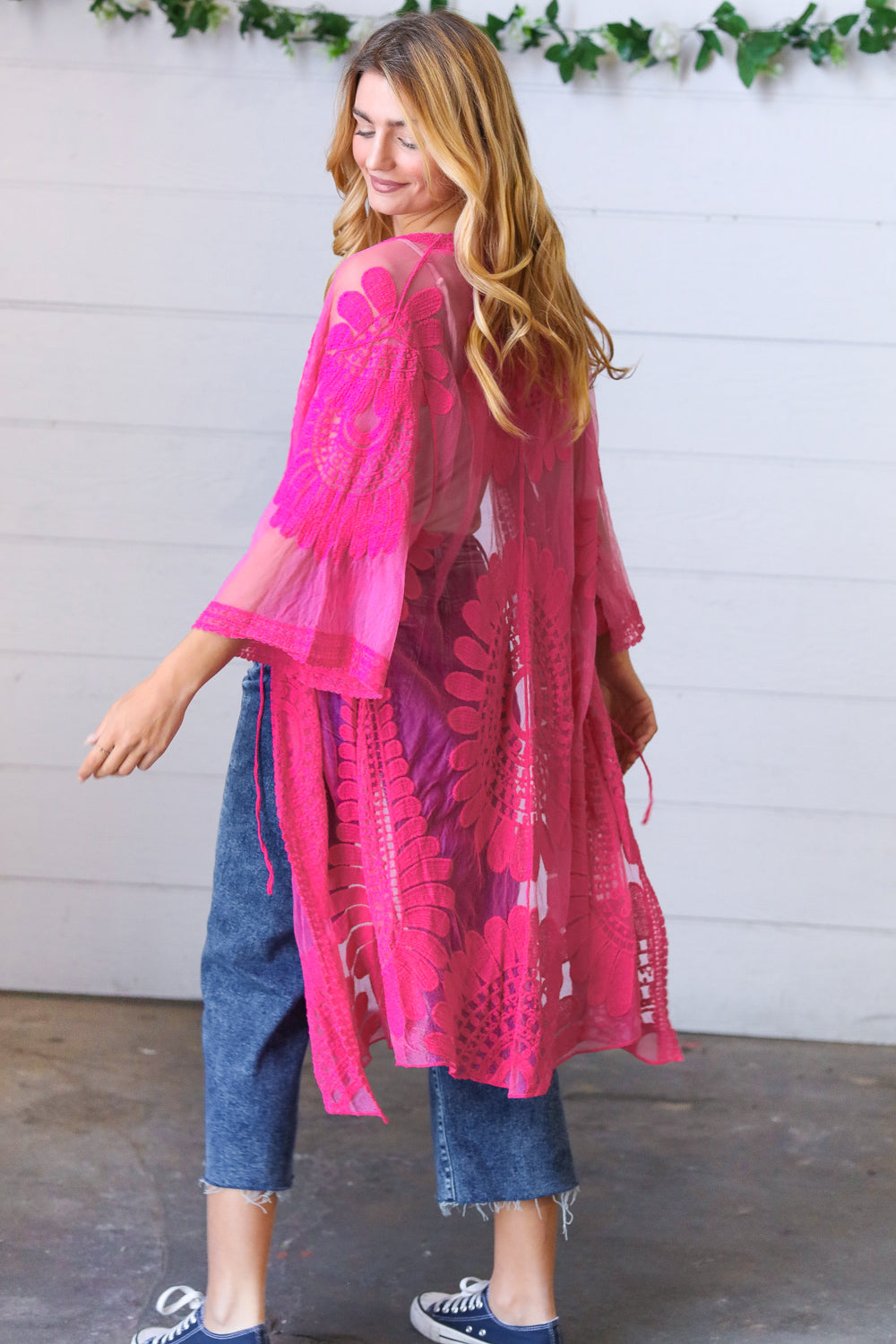 Fuchsia Crochet Lace Scallop Kimono