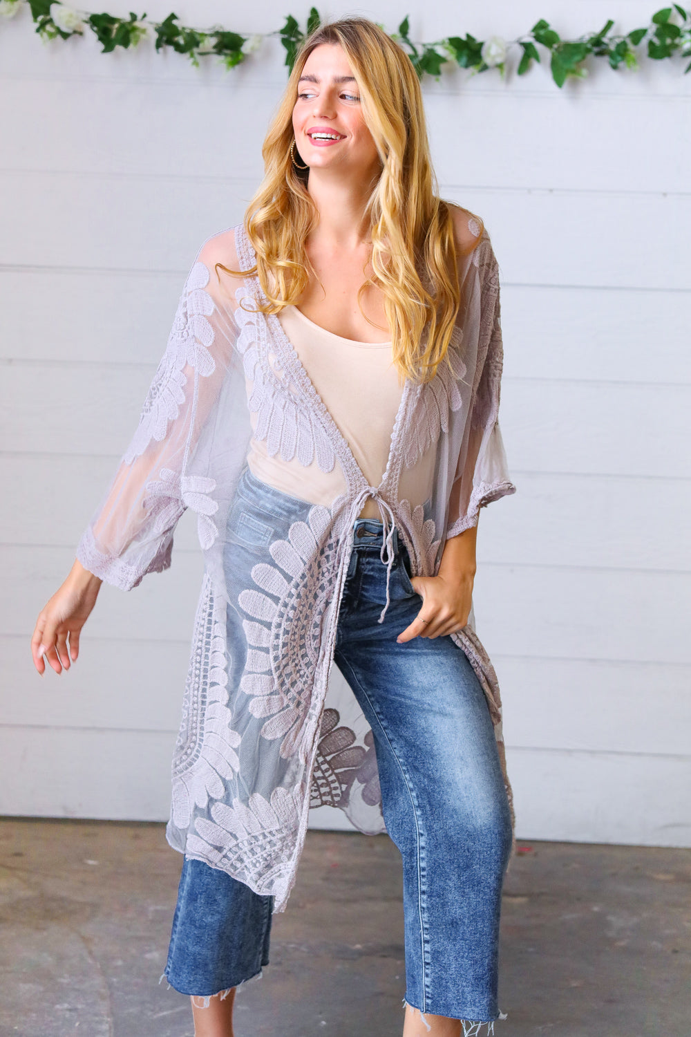 Light Grey Crochet Lace Scallop Kimono