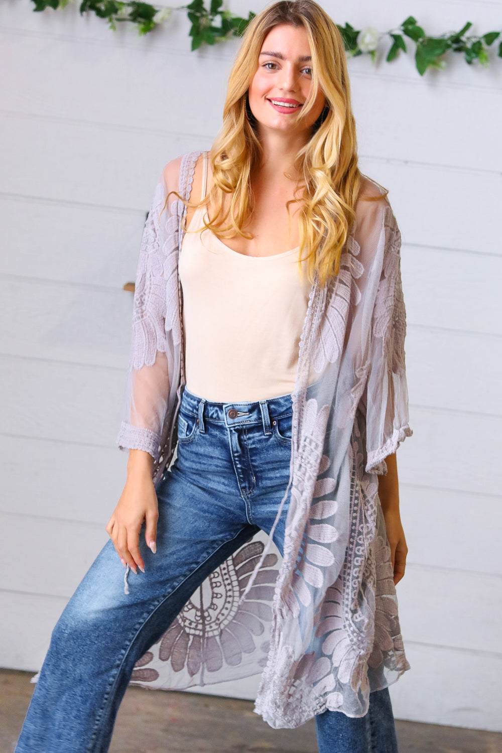 Light Grey Crochet Lace Scallop Kimono