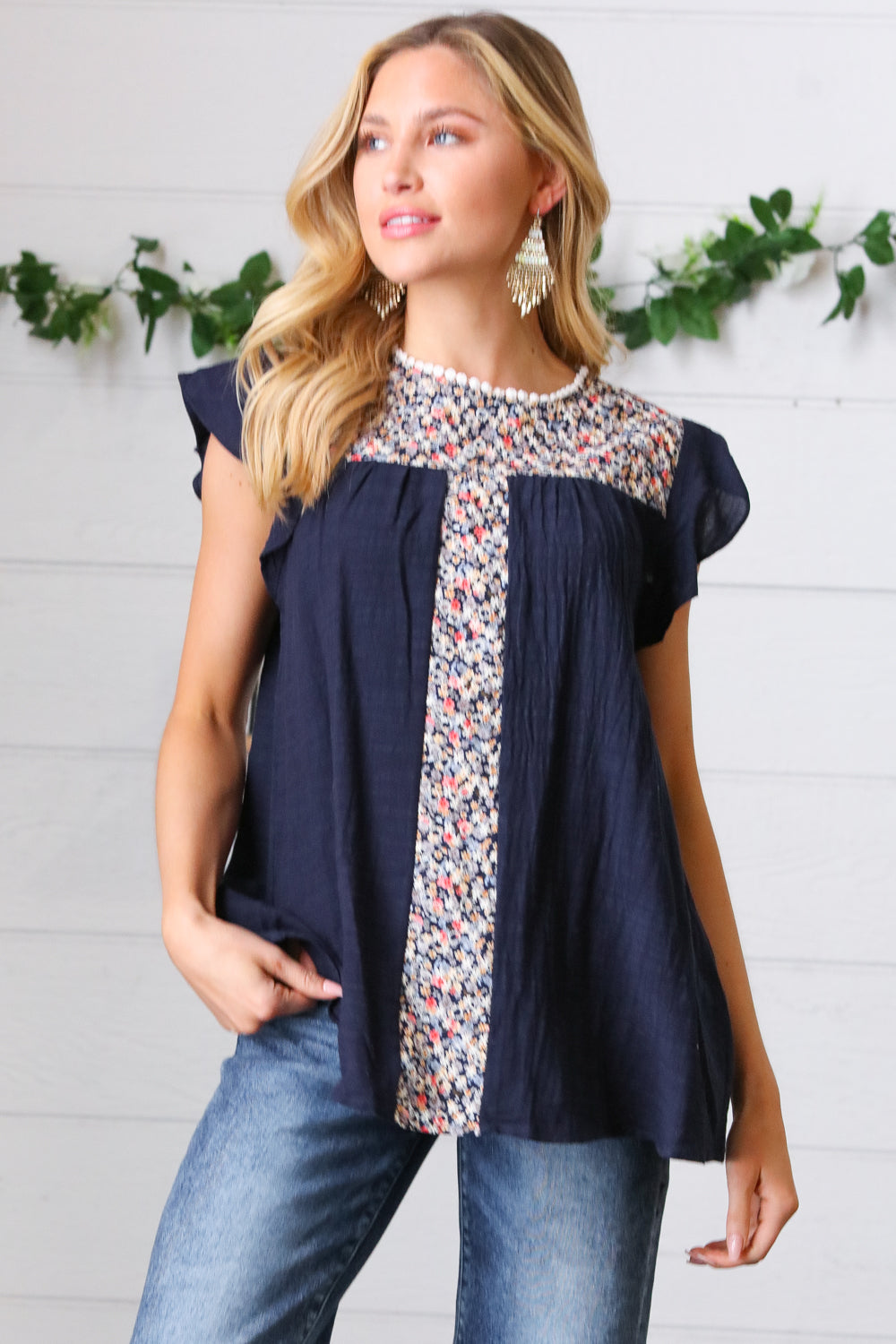 Navy Floral Embroidered Flutter Sleeve Top