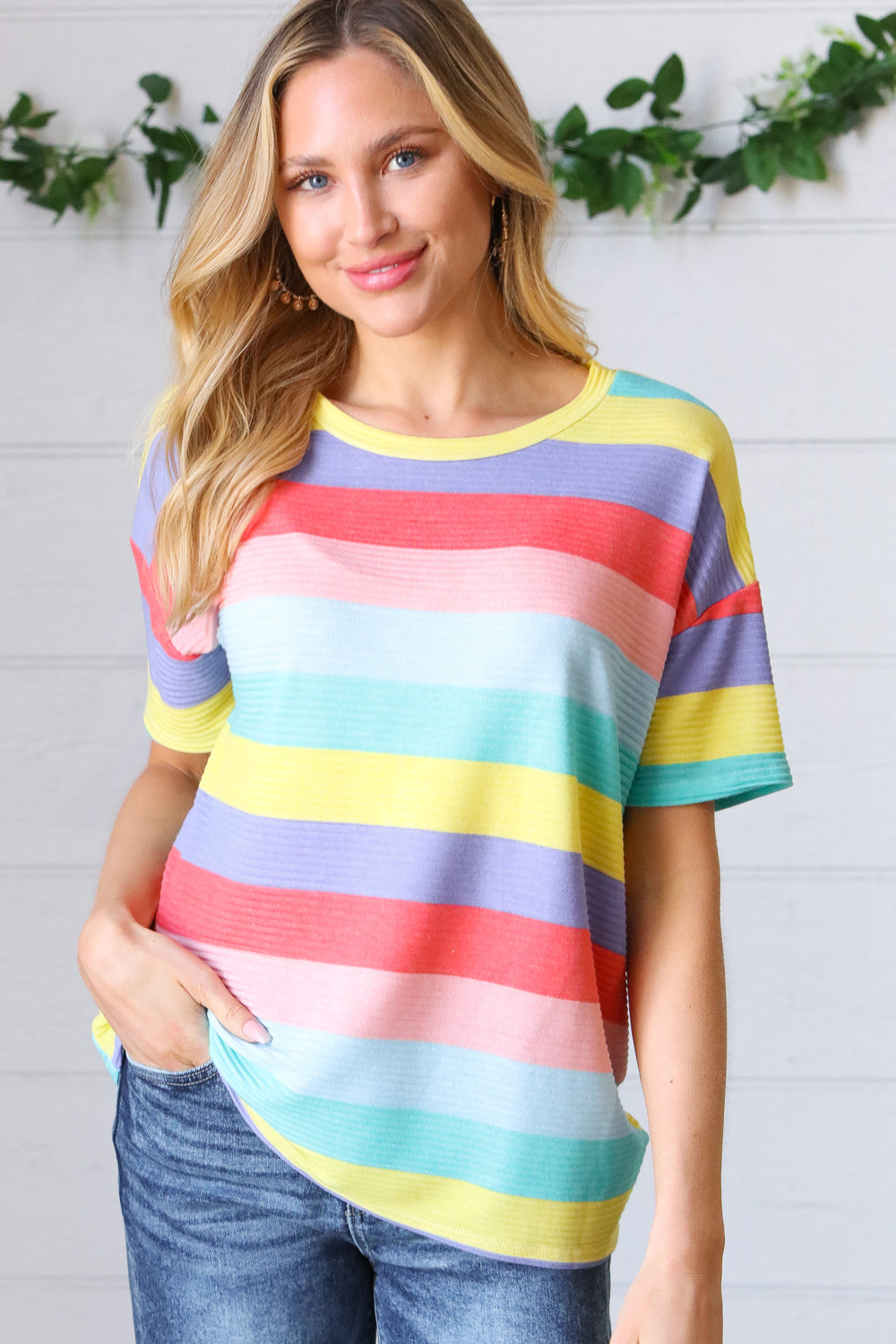 Multi Color Stripe Rib Terry Top