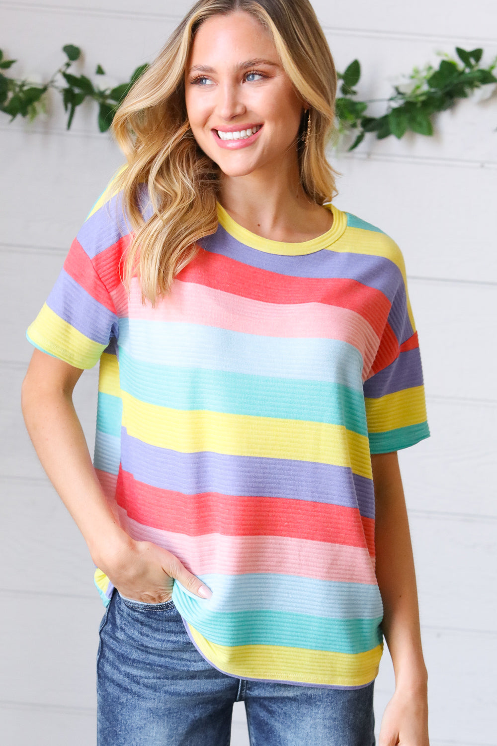 Multi Color Stripe Rib Terry Top