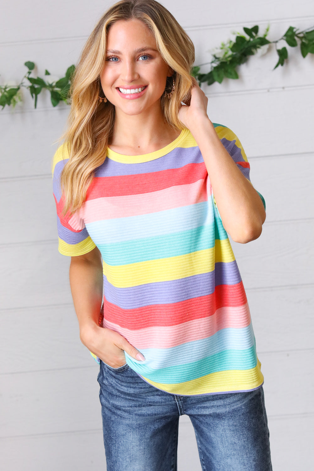 Multi Color Stripe Rib Terry Top