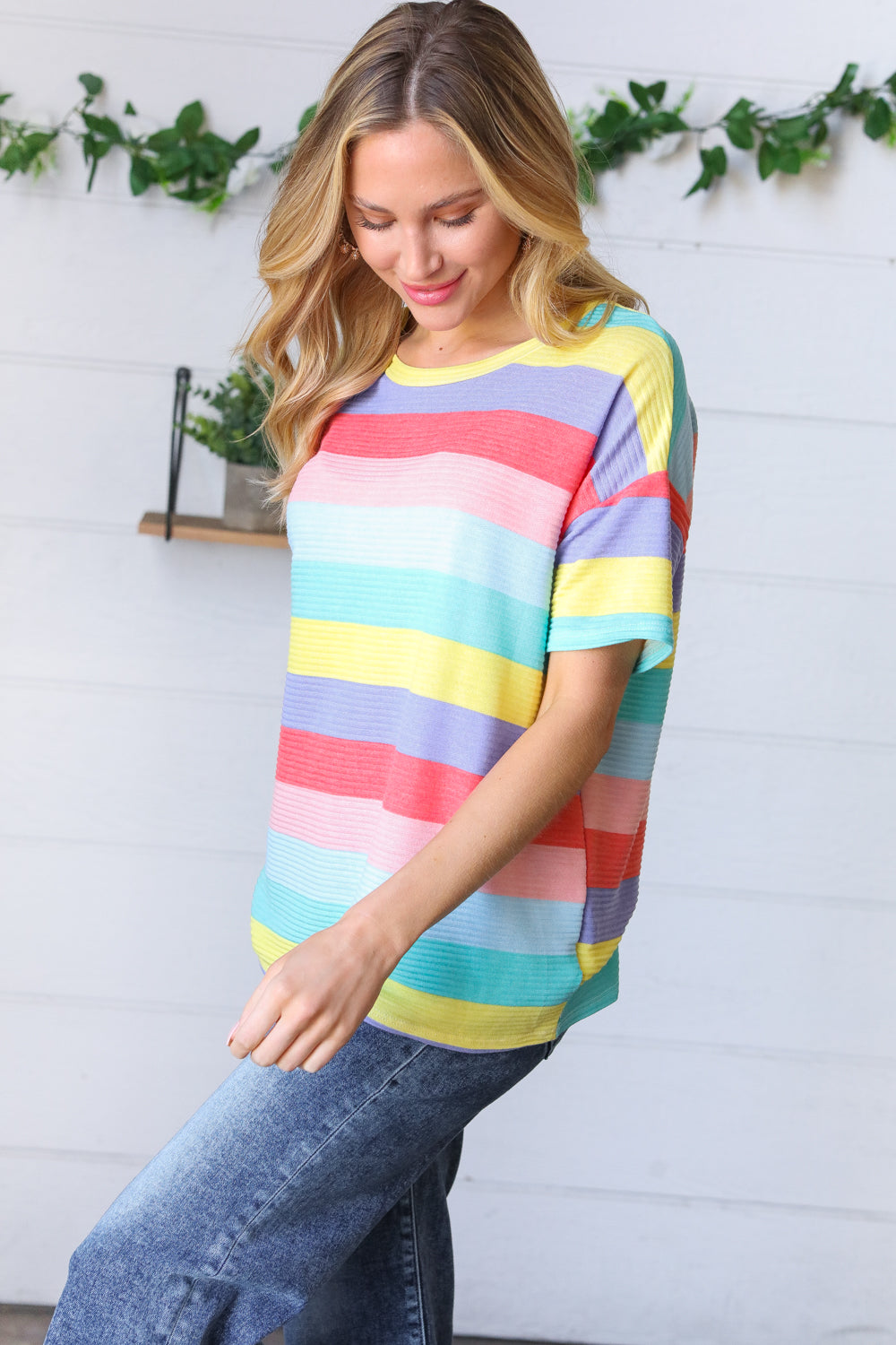 Multi Color Stripe Rib Terry Top