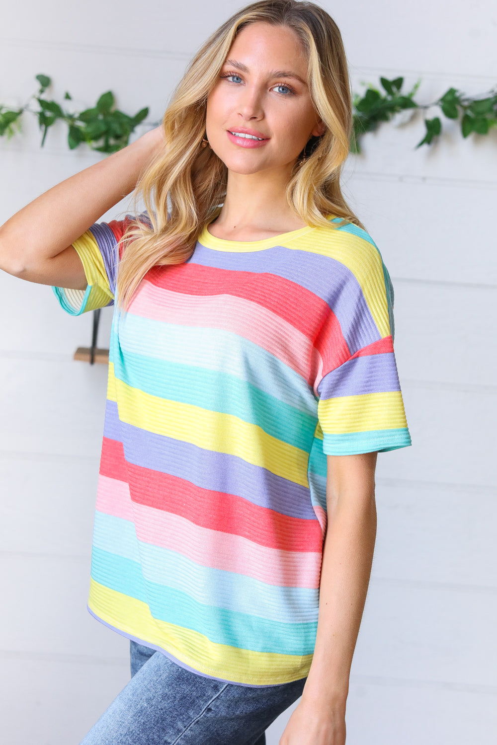 Multi Color Stripe Rib Terry Top