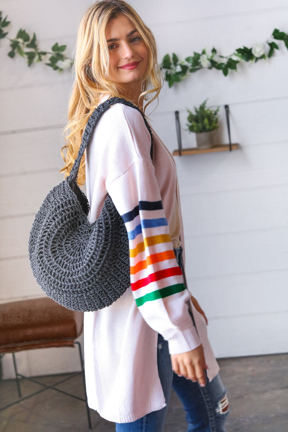Black Braided Straw Circle Lined Tote Bag