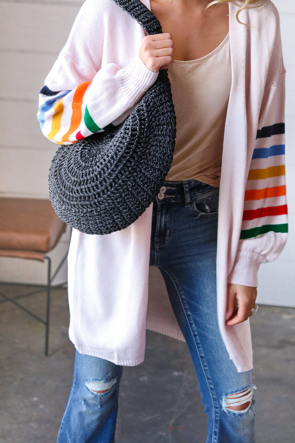 Black Braided Straw Circle Lined Tote Bag