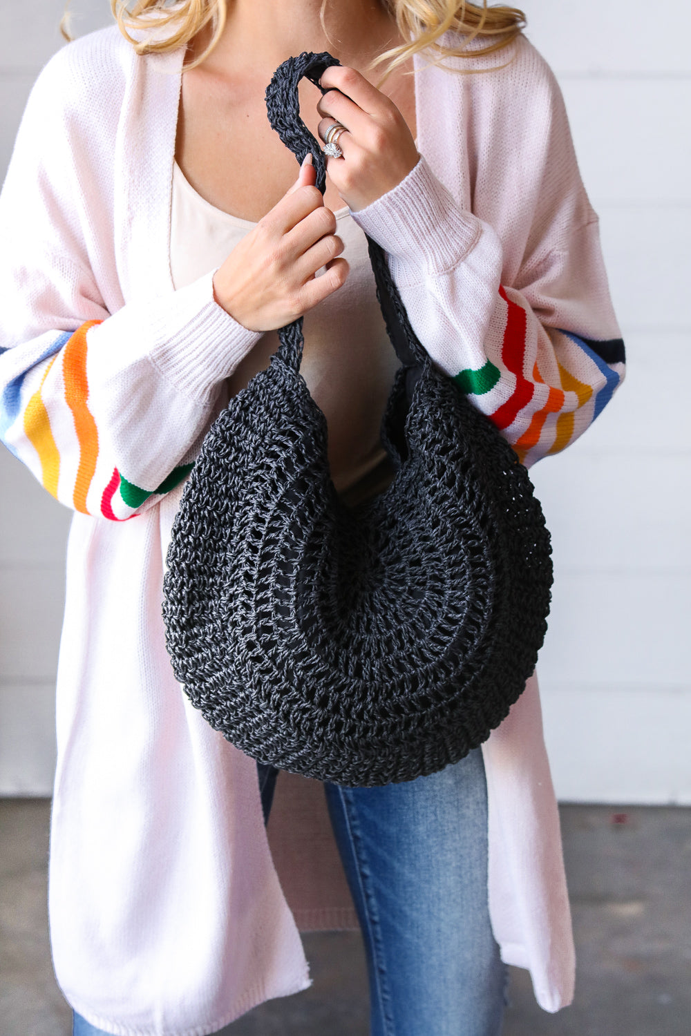 Black Braided Straw Circle Lined Tote Bag