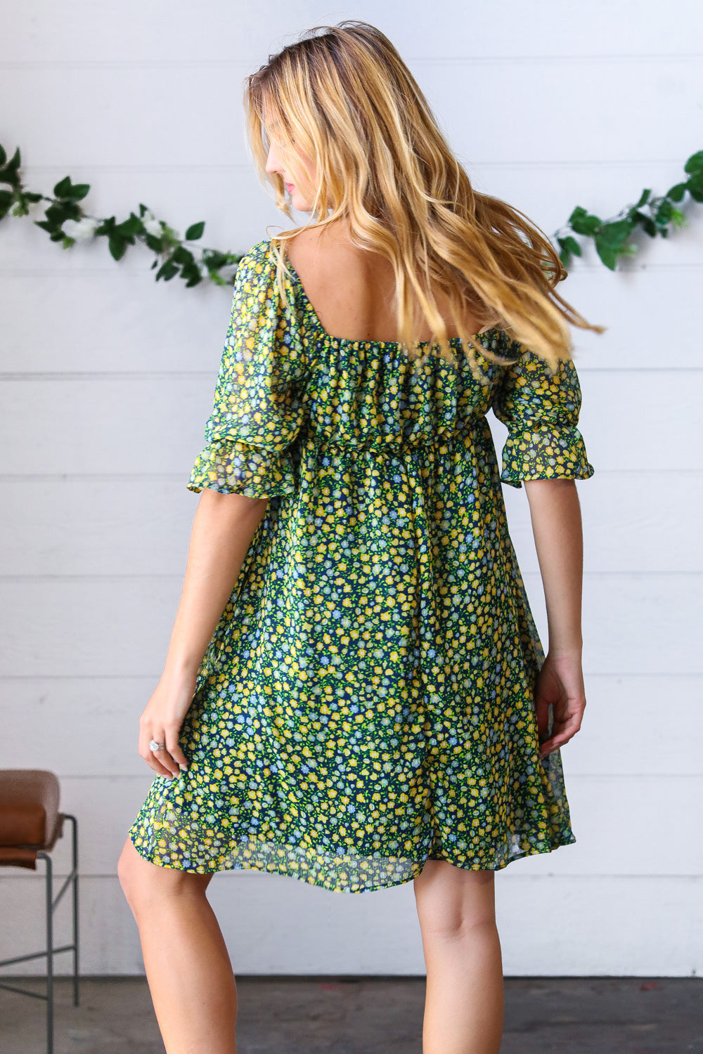 Green & Navy Ditsy Floral Chiffon Lined Dress