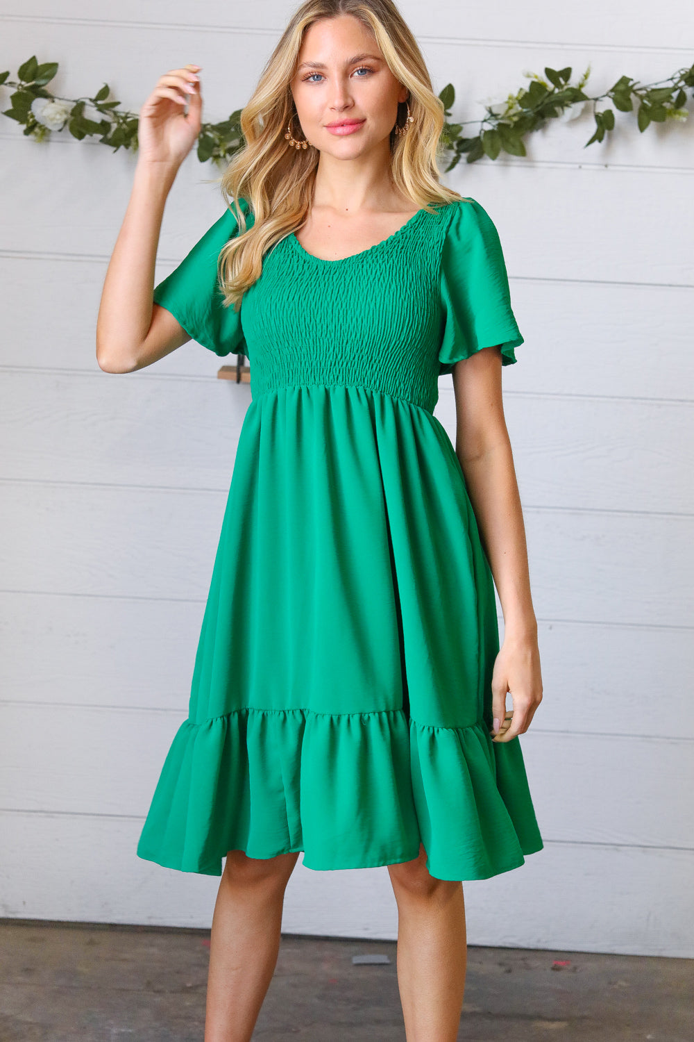 Shamrock Green Smock Fit & Flare Flutter Sleeve Dress