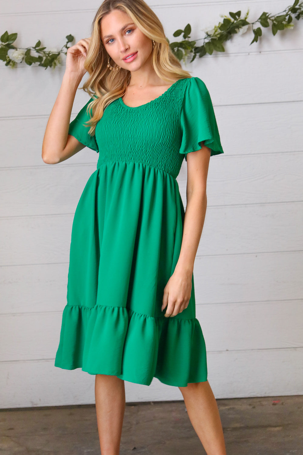 Shamrock Green Smock Fit & Flare Flutter Sleeve Dress