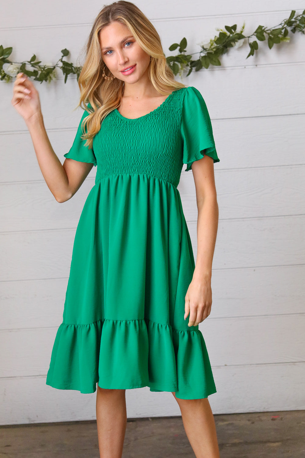Shamrock Green Smock Fit & Flare Flutter Sleeve Dress