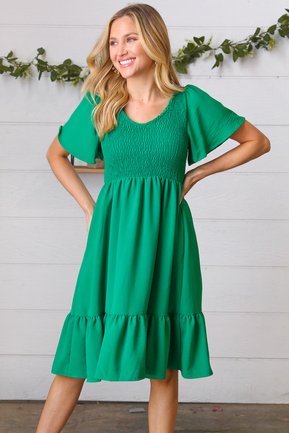 Shamrock Green Smock Fit & Flare Flutter Sleeve Dress