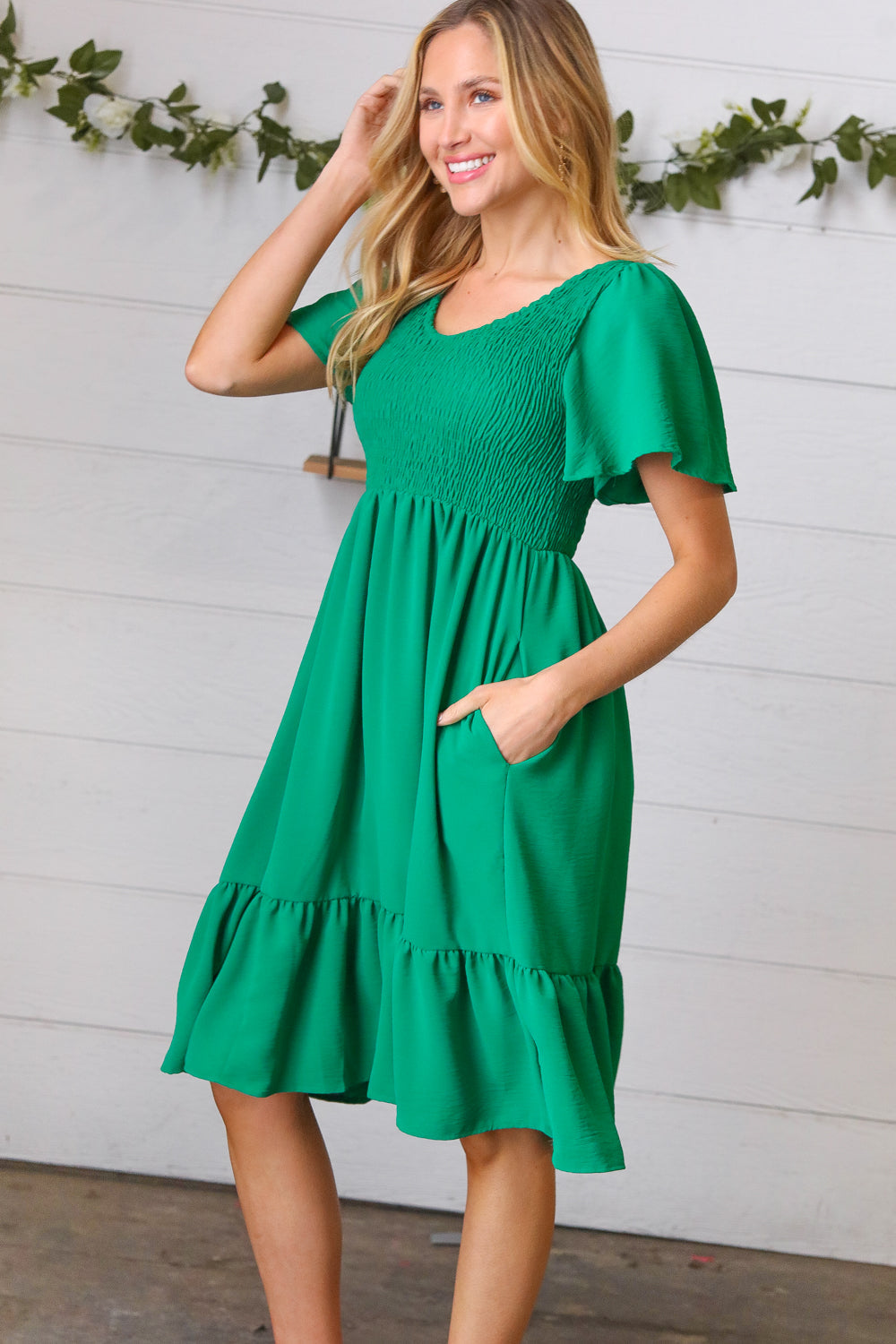 Shamrock Green Smock Fit & Flare Flutter Sleeve Dress