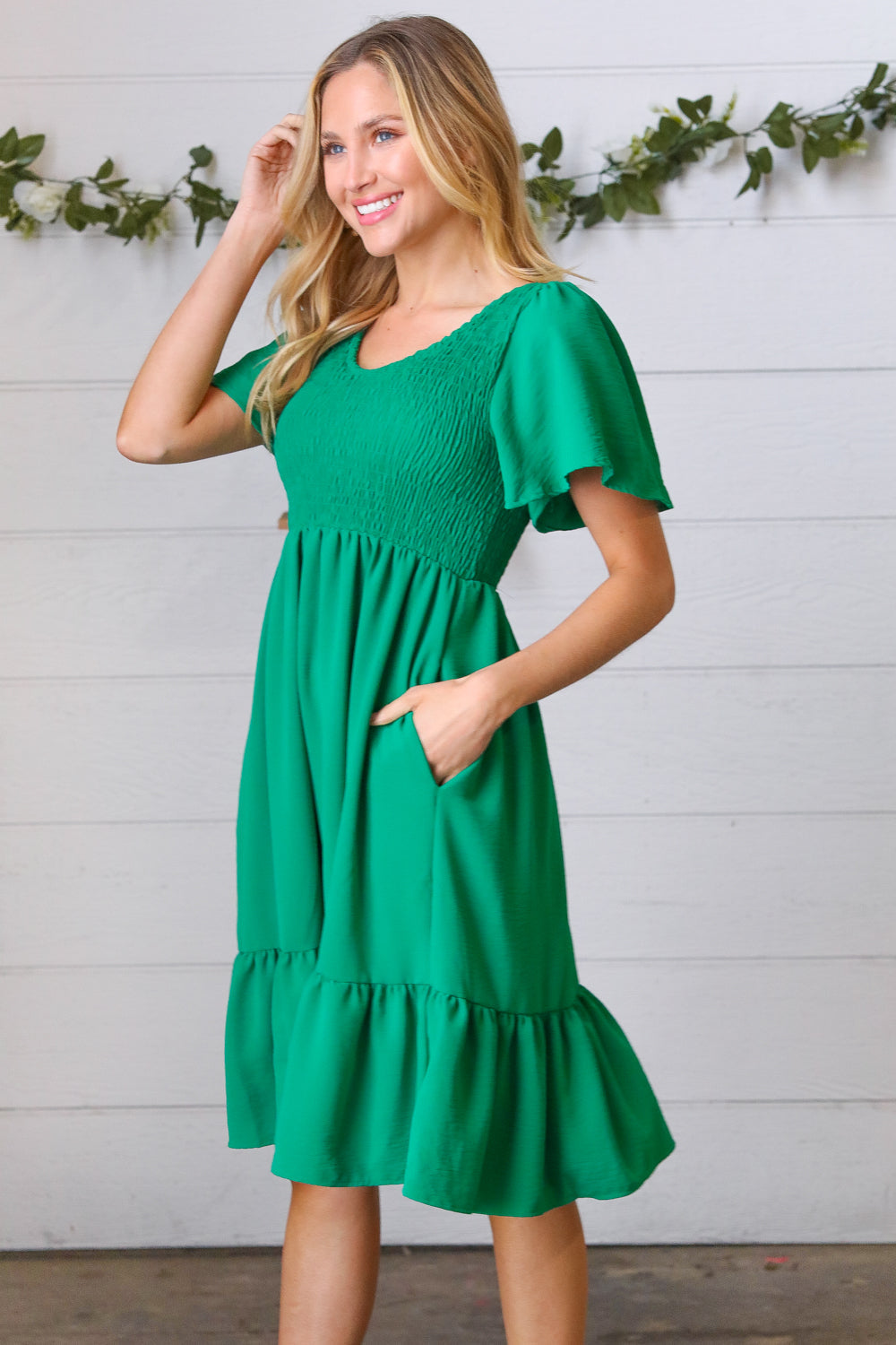 Shamrock Green Smock Fit & Flare Flutter Sleeve Dress